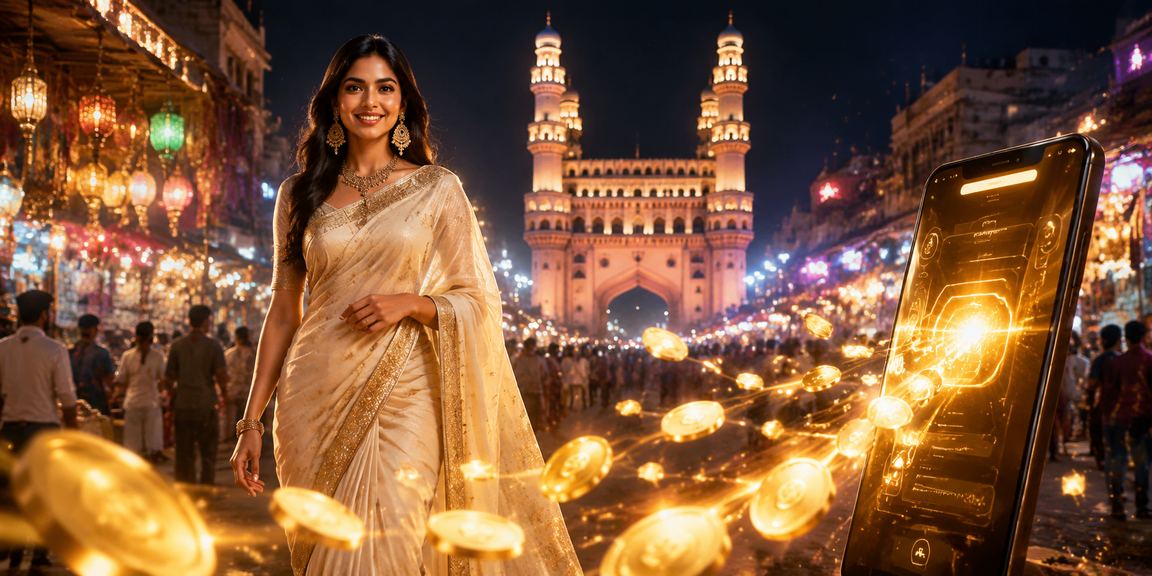 Indian woman registering on mobile near Charminar, Hyderabad