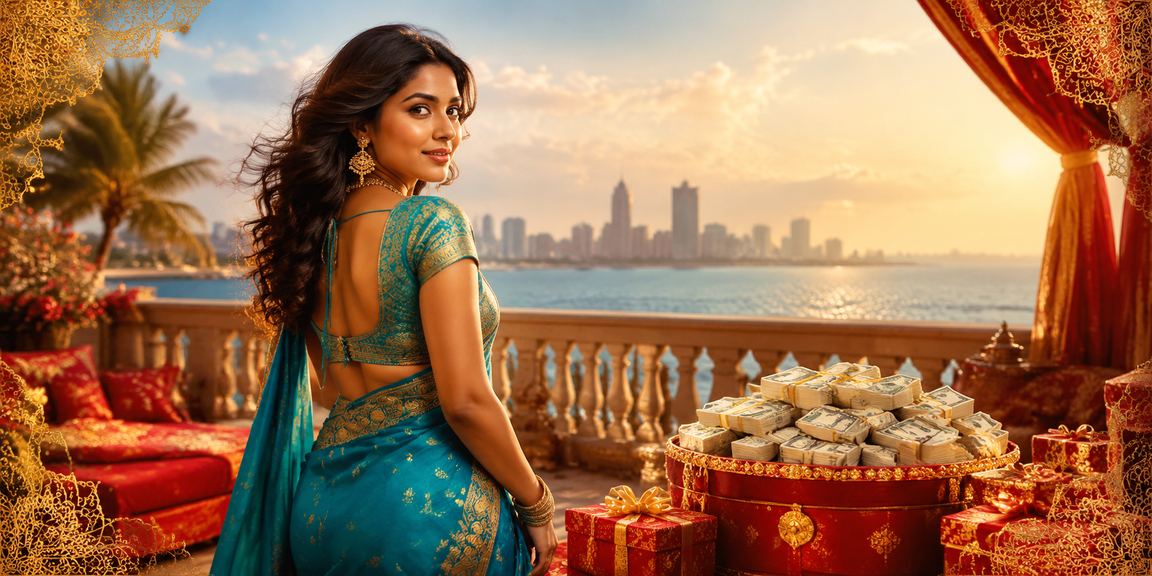 Indian player enjoying betting on mobile in traditional saree attire