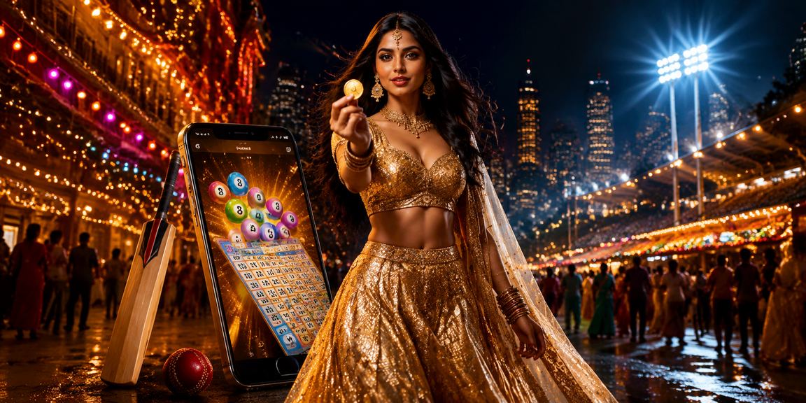 Indian player using mobile for cricket betting in traditional Lehenga outfit